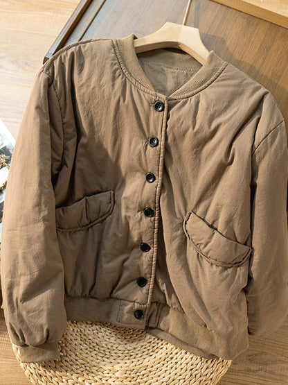 Long Sleeve Solid Round Neck 100% Natural Fabric Button Down Coat