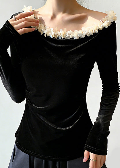 Elegant Black Floral Patchwork Silk Velour T Shirt Spring