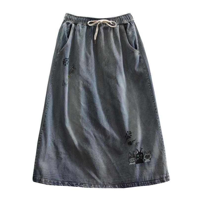 Embroidered Denim Retro Art Ladies Long Skirt