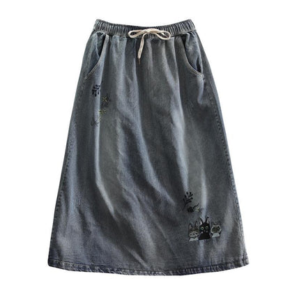 Embroidered Denim Retro Art Ladies Long Skirt