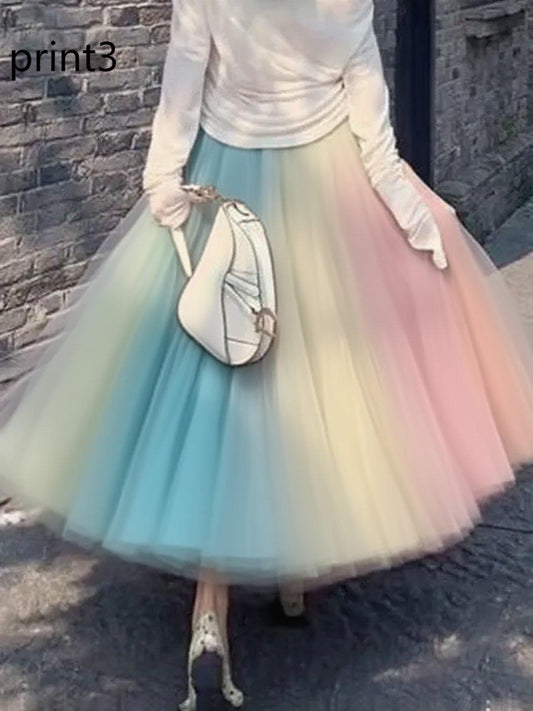 Elegant Print4 Wrinkled High Waist Tulle Skirt Spring