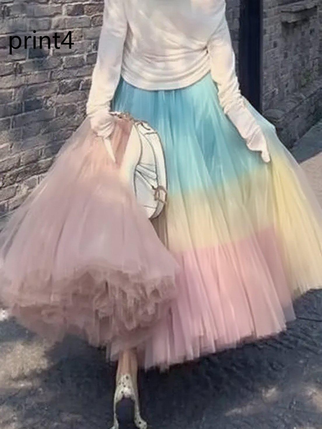 Elegant Print5 Wrinkled High Waist Tulle Skirt Spring
