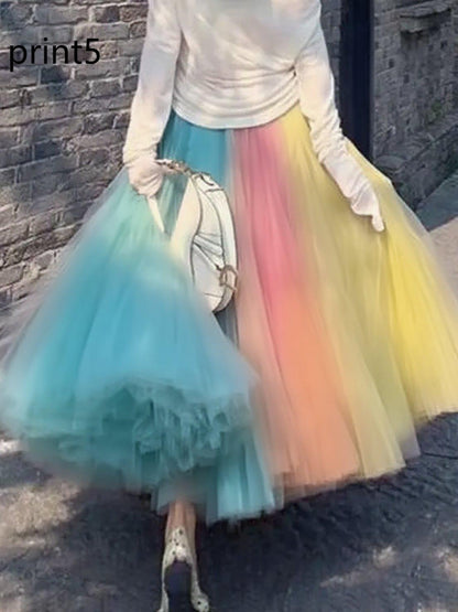 Elegant Print4 Wrinkled High Waist Tulle Skirt Spring