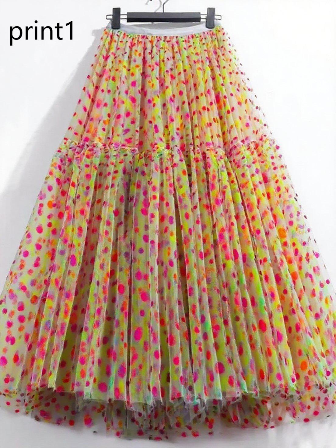 Print3 Patchwork Tulle Skirt Wrinkled Elastic Waist Spring