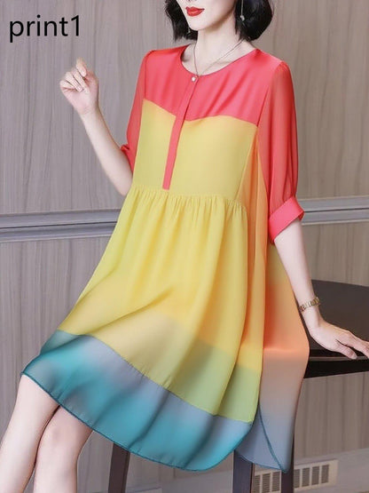 Fashion Ruffled Print2 Button Side Open Linen Vacation Dresses Half Sleeve