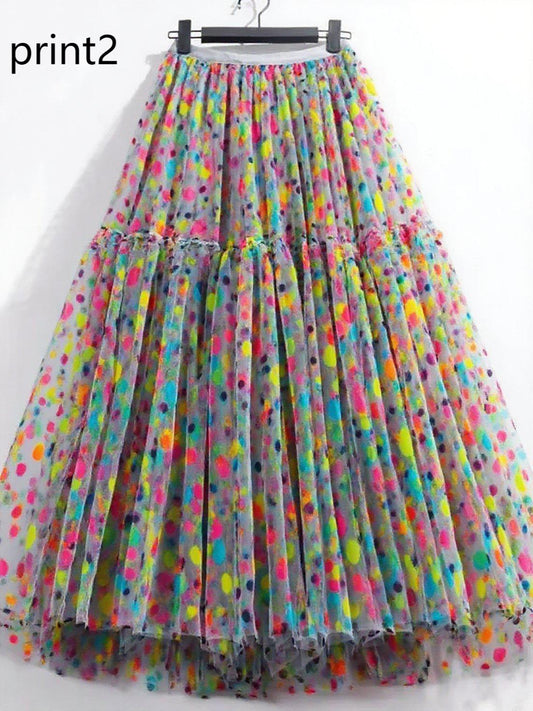 Print2 Patchwork Tulle Skirt Wrinkled Elastic Waist Spring