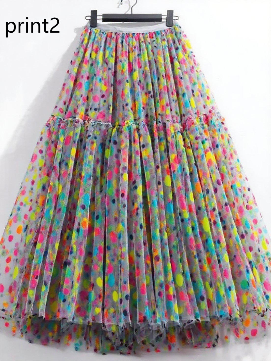 Print3 Patchwork Tulle Skirt Wrinkled Elastic Waist Spring