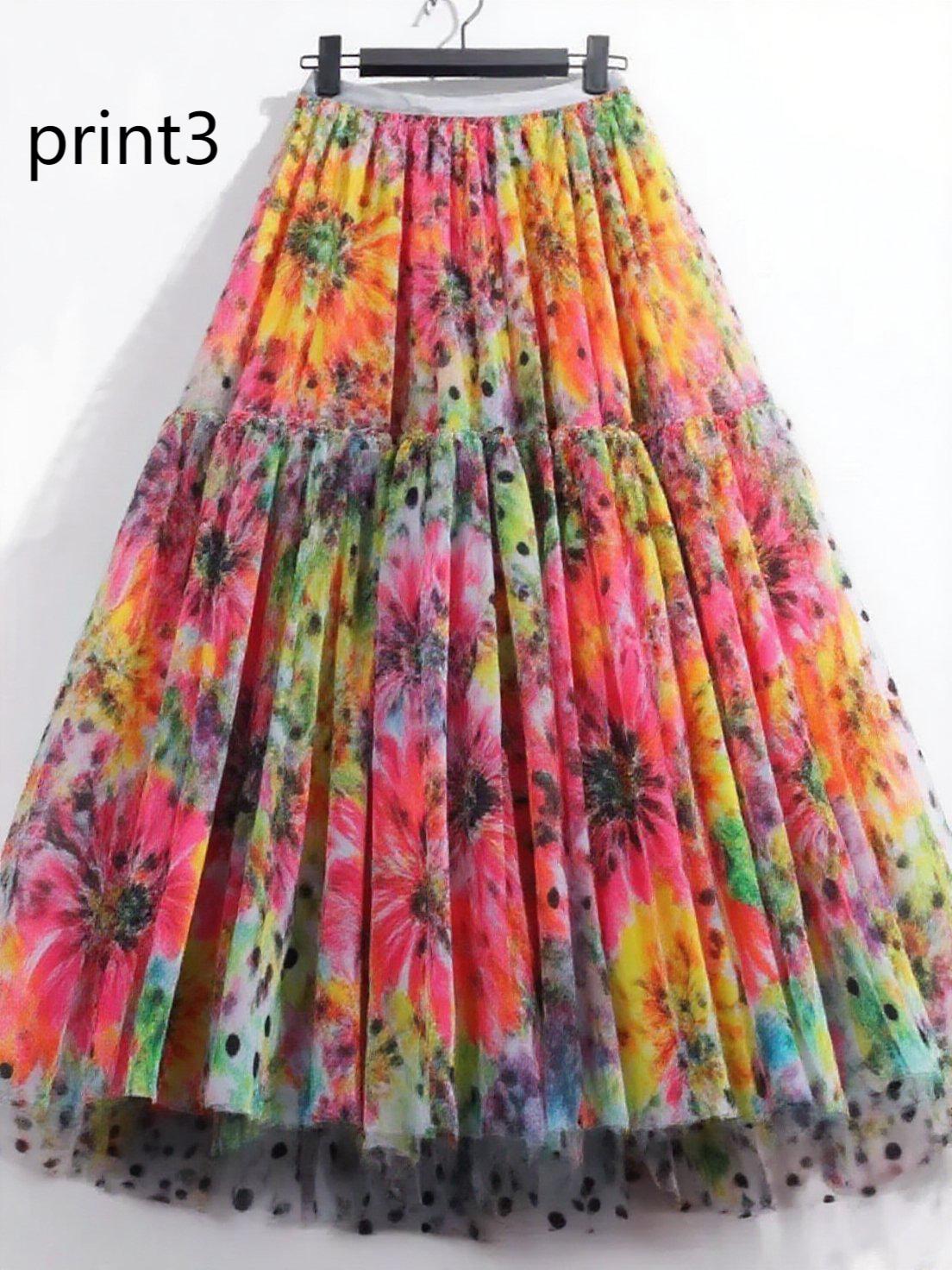 Print2 Patchwork Tulle Skirt Wrinkled Elastic Waist Spring