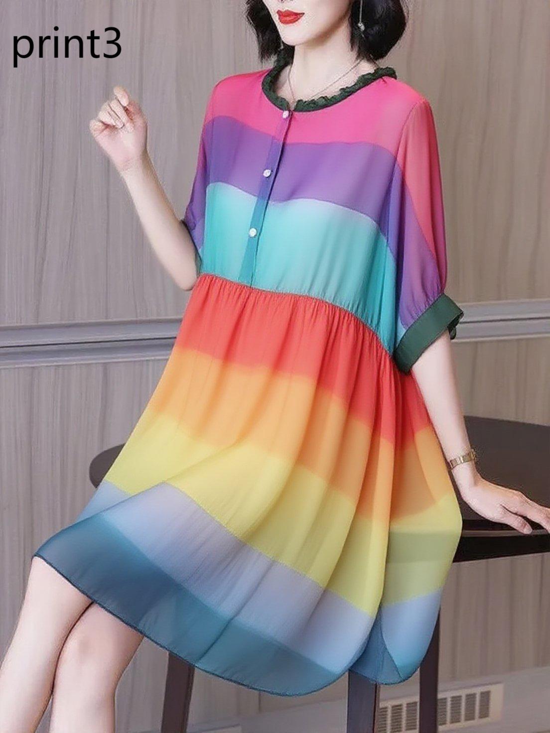 Fashion Ruffled Print3 Button Side Open Linen Vacation Dresses Half Sleeve