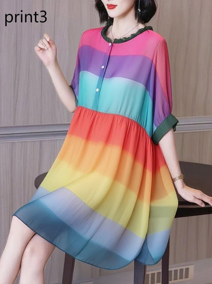Fashion Ruffled Print1 Button Side Open Linen Vacation Dresses Half Sleeve