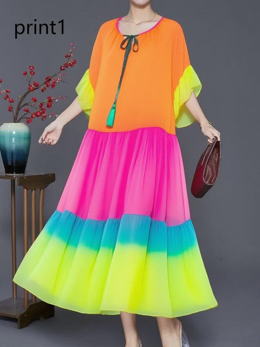 Plus Size Purple Print2 Ruffled Chiffon Party Dress Summer