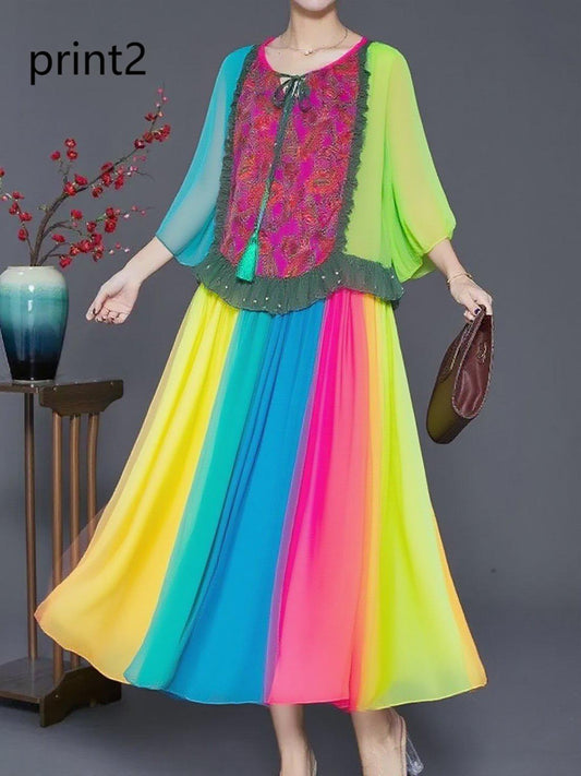 Plus Size Purple Print2 Ruffled Chiffon Party Dress Summer