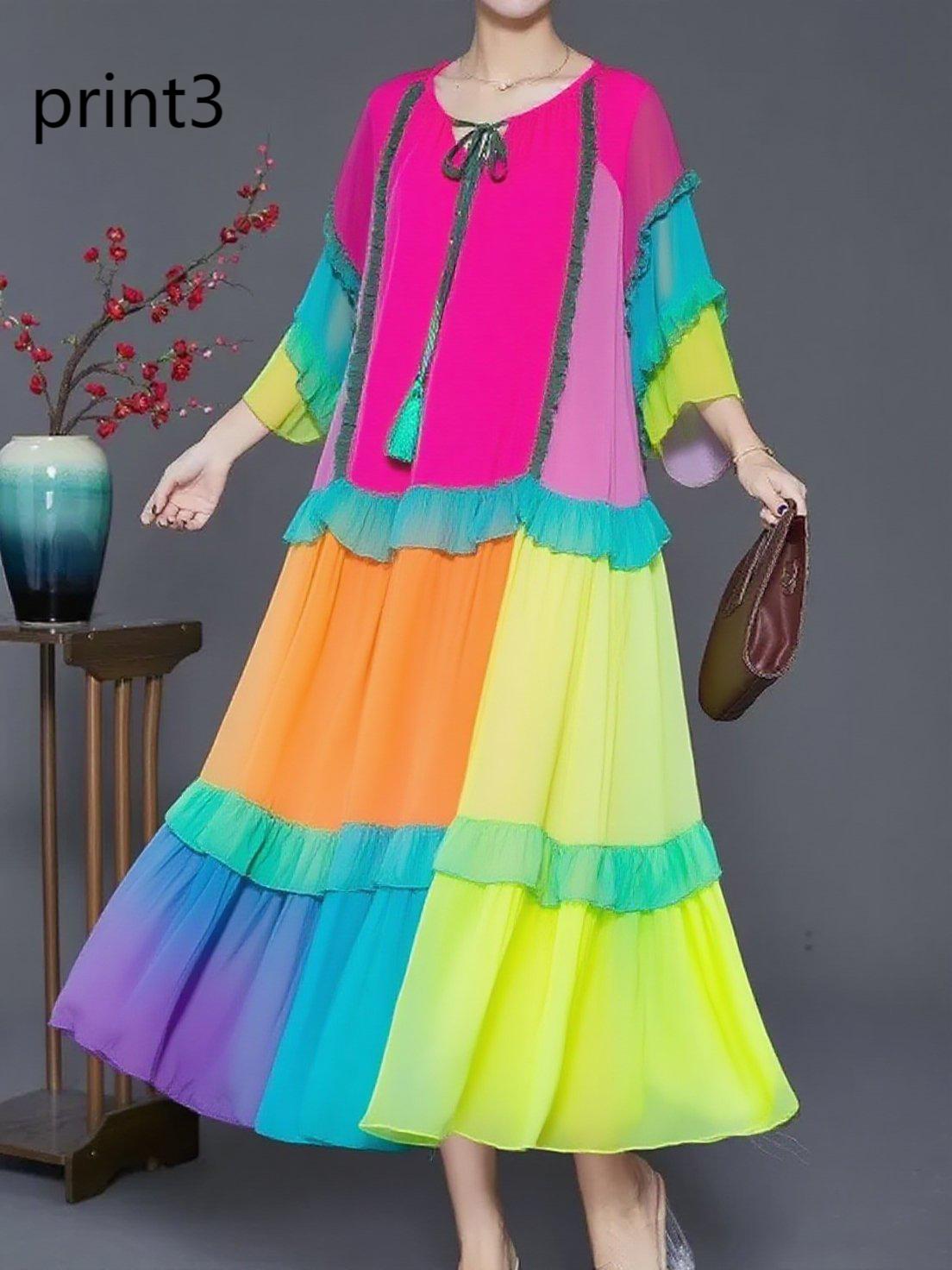 Plus Size Purple Print2 Ruffled Chiffon Party Dress Summer