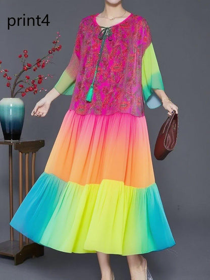 Plus Size Purple Print3 Ruffled Chiffon Party Dress Summer