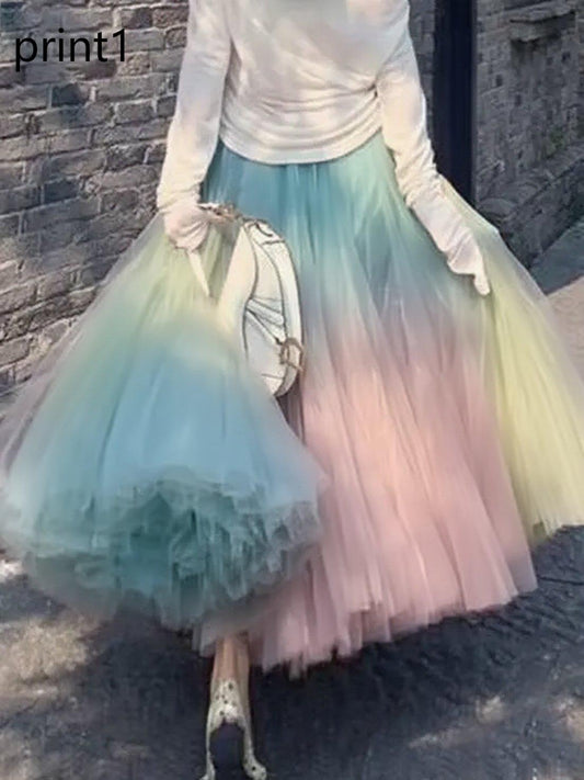 Elegant Print2 Wrinkled High Waist Tulle Skirt Spring