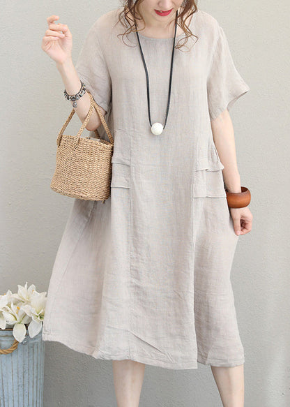 fine Print4 linen dress casual linen clothing dresses women o neck patchwork cotton dress