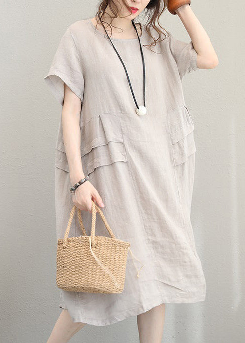 fine Print3 linen dress casual linen clothing dresses women o neck patchwork cotton dress